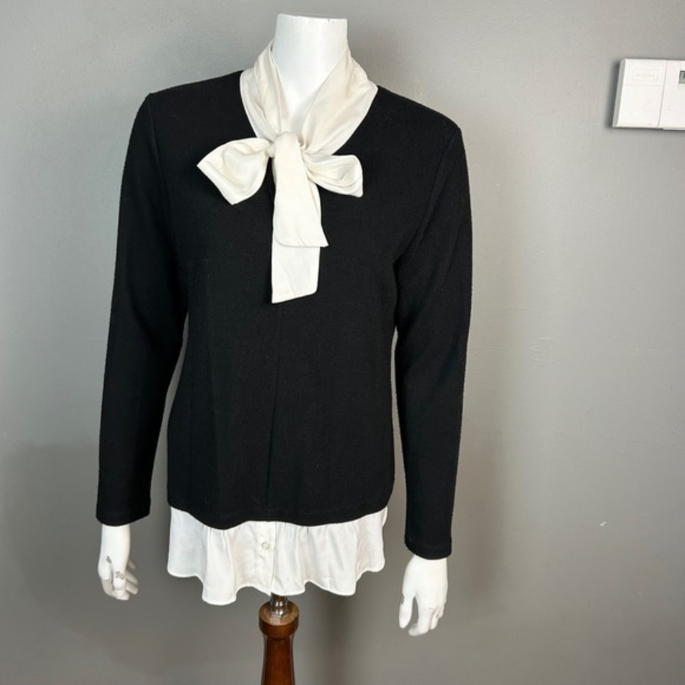 DREW Sweater Top Medium Black Secretary Bow Layered‎ Blouse Career Corporate